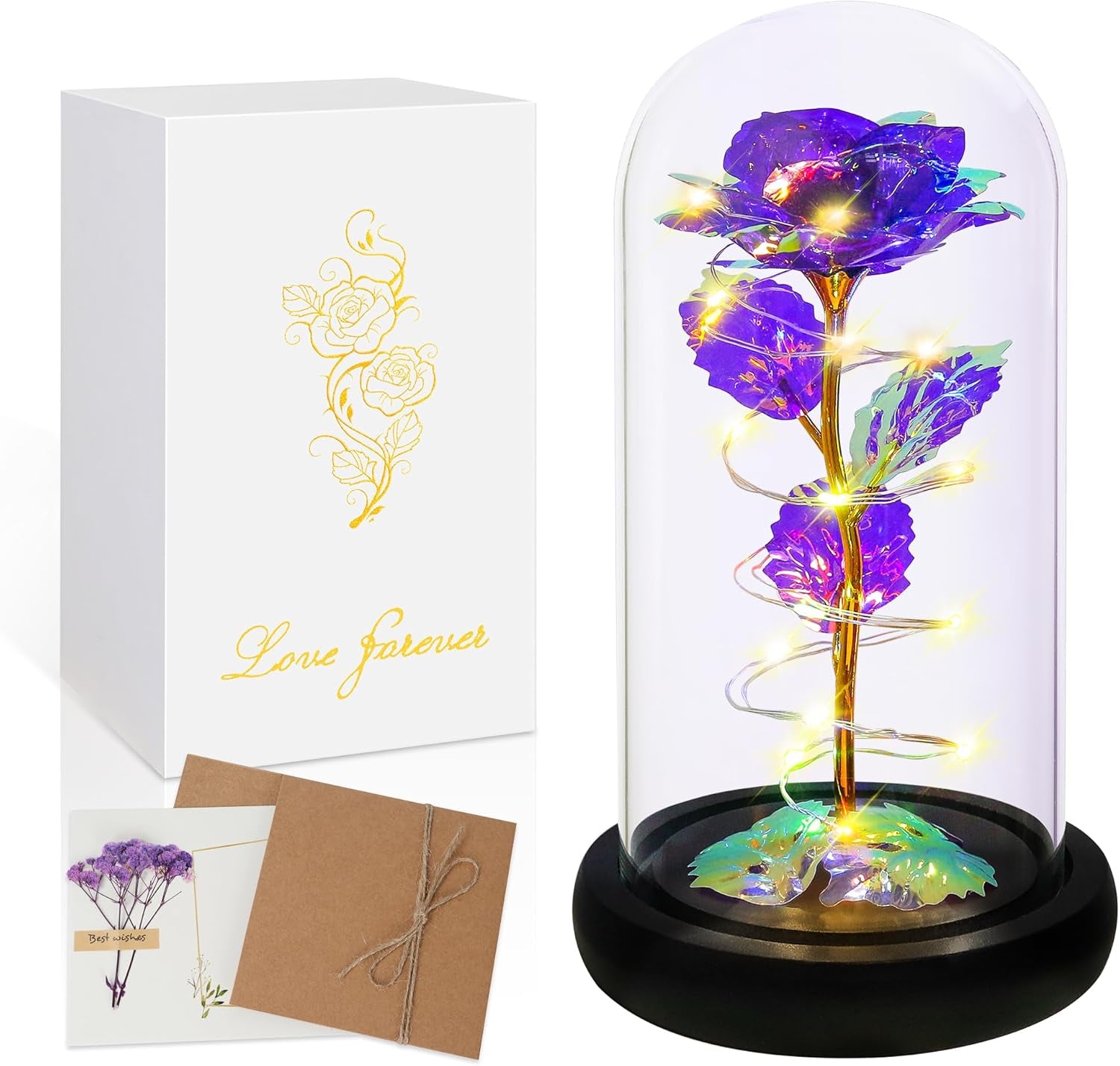 Rose Flower Gifts for Women,Birthday Gifts for Women,Womens Gifts for Christmas,Mom Gift for Xmas, Purple Colorful Artificial Flower Rose Light up Rose in a Glass Dome,Flower Gifts for Her,Anniversary