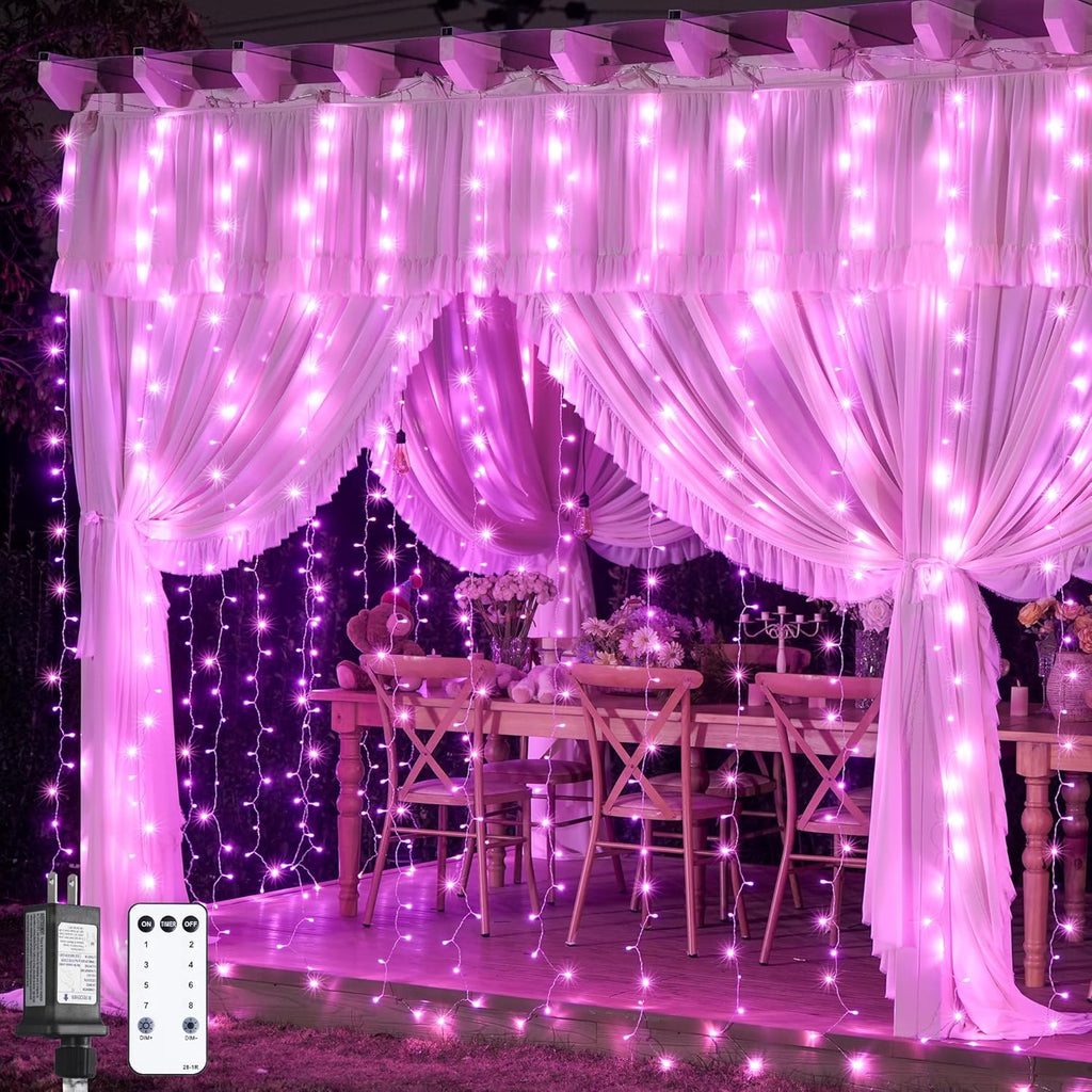 Pink Curtain Lights, Remote Control 300 LED Pink Curtain Lights 8 Modes Pink Valentine String Lights, Window Curtain Lights for Bedroom Wedding Party Backdrop Indoor Outdoor Room Decor(Pink)