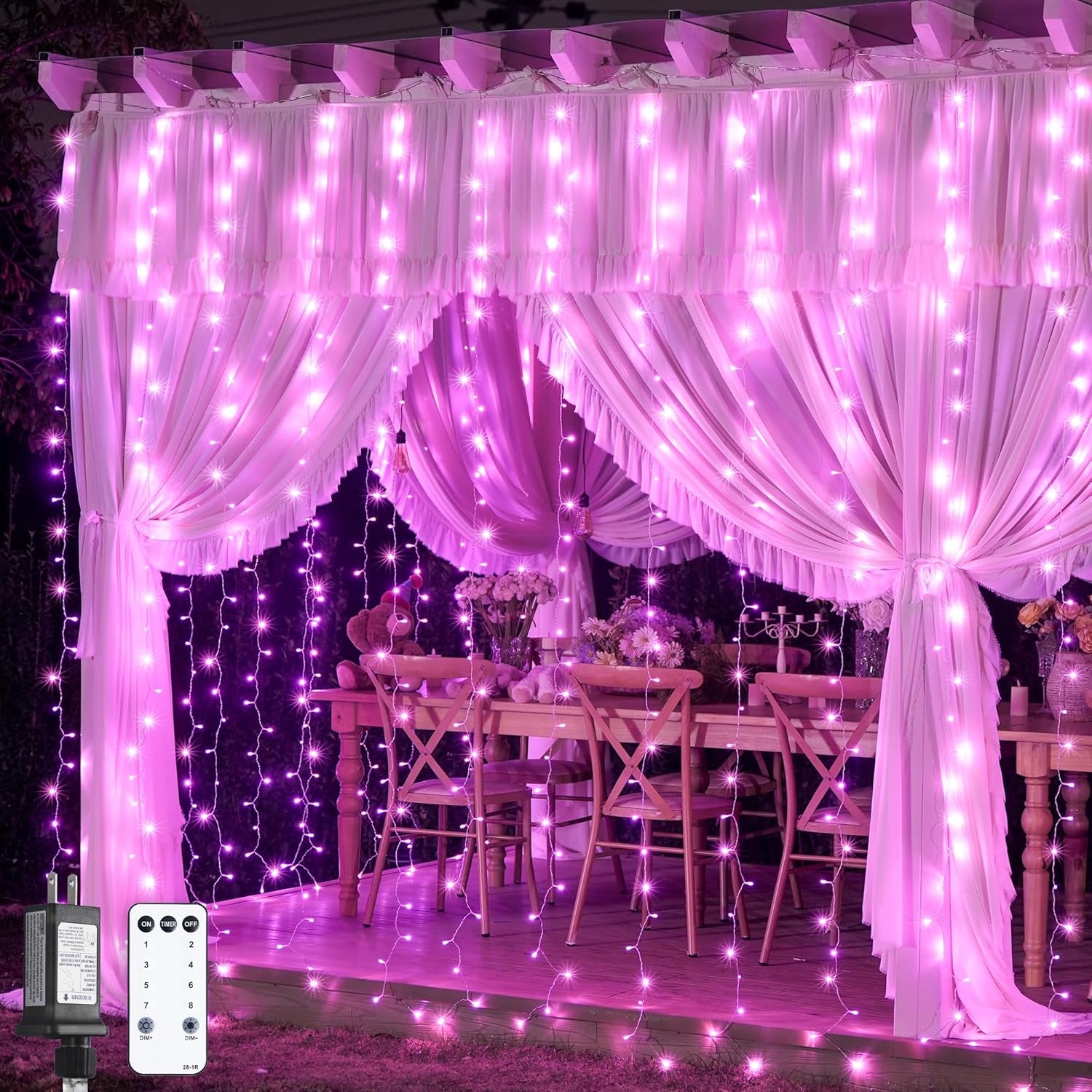 Pink Curtain Lights, Remote Control 300 LED Pink Curtain Lights 8 Modes Pink Valentine String Lights, Window Curtain Lights for Bedroom Wedding Party Backdrop Indoor Outdoor Room Decor(Pink)