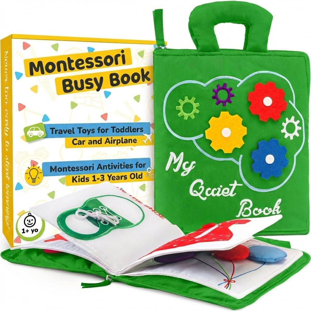 Quiet Book Montessori Toys for Toddlers – Learning Toy – Preschool Educational Toy with Toddler Activities Busy Book, Travel Toy for Boys & Girls + Zipper Bag, Green