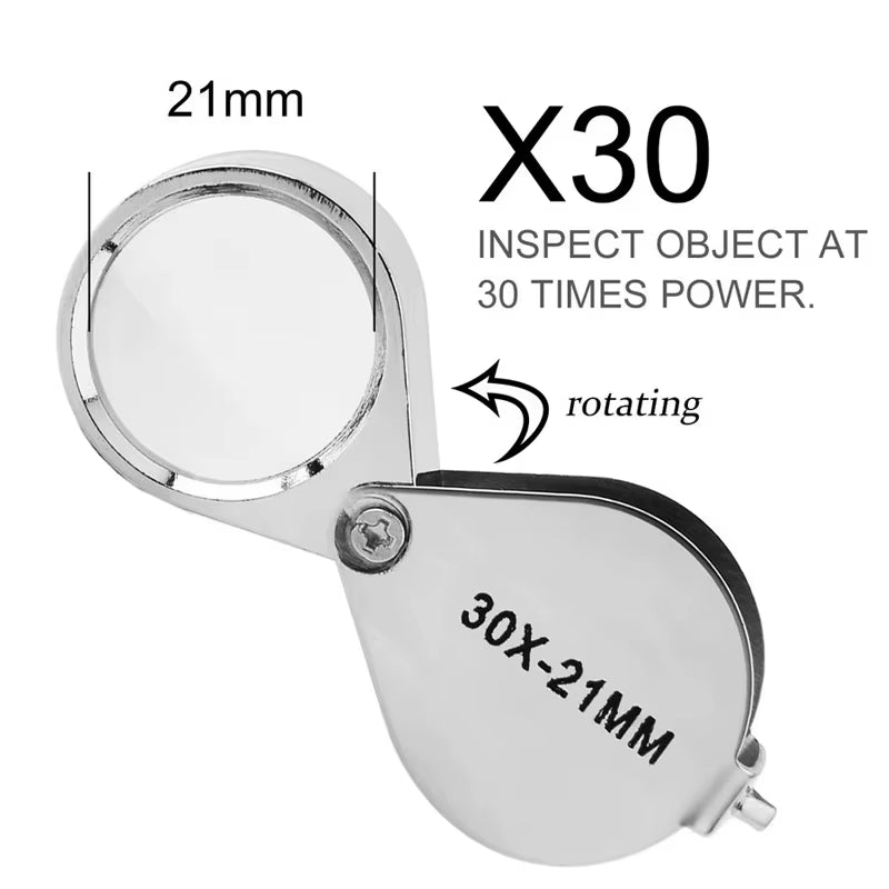 10-30X Pocket Loupe Magnifier Jewelry Magnifying Glass Foldable Diamond Lupa Triplet Jewelers Eye Glass Tool Reading Magnifier