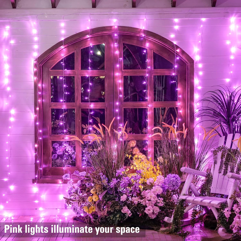 Pink Curtain Lights, Remote Control 300 LED Pink Curtain Lights 8 Modes Pink Valentine String Lights, Window Curtain Lights for Bedroom Wedding Party Backdrop Indoor Outdoor Room Decor(Pink)