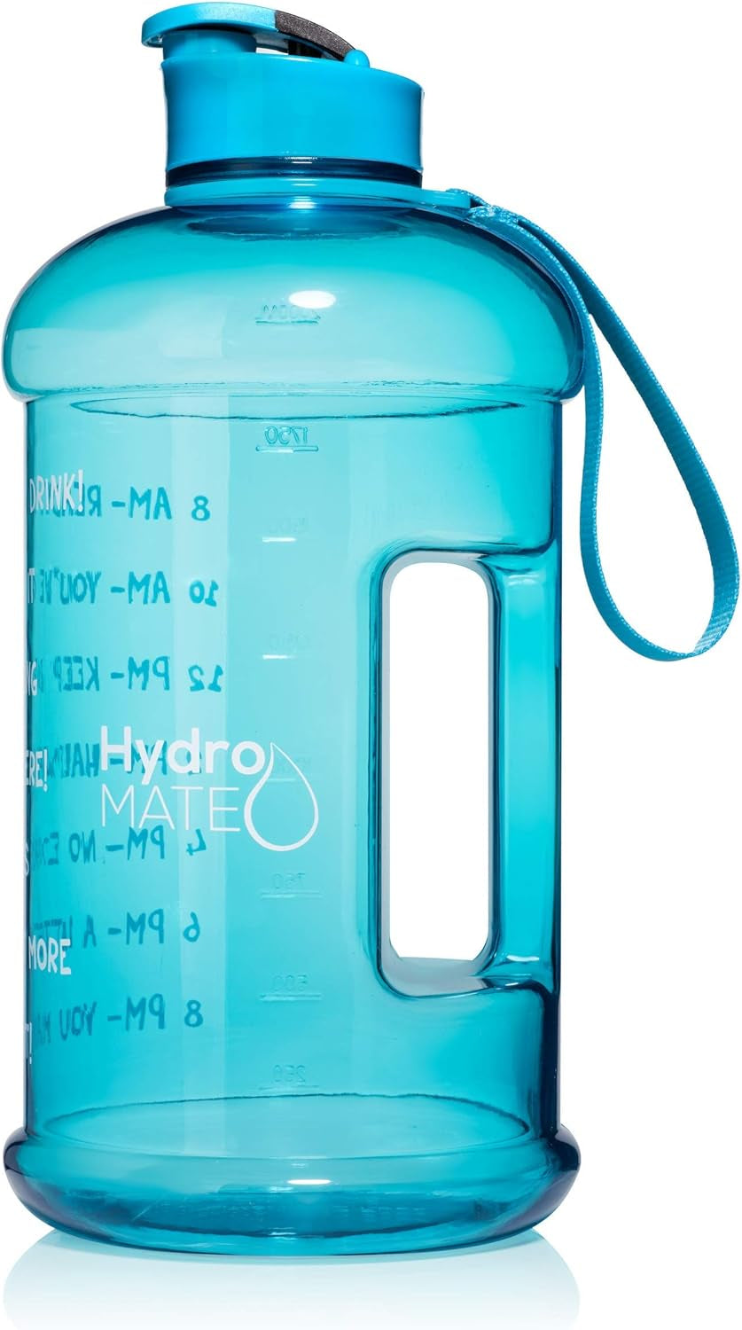 Hydromate 1/2 Gallon Water Bottle with Times to Drink BPA Free Leak Proof Reusable Jug with Handle 64 Oz