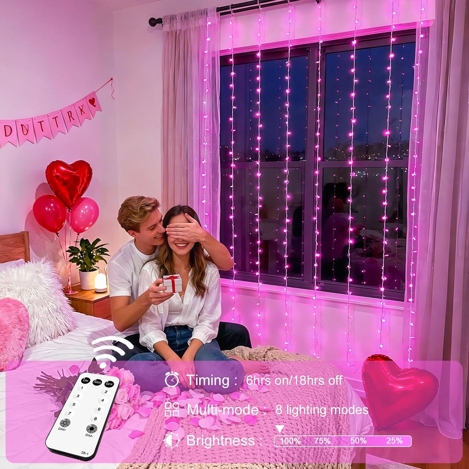 Pink Curtain Lights, Remote Control 300 LED Pink Curtain Lights 8 Modes Pink Valentine String Lights, Window Curtain Lights for Bedroom Wedding Party Backdrop Indoor Outdoor Room Decor(Pink)