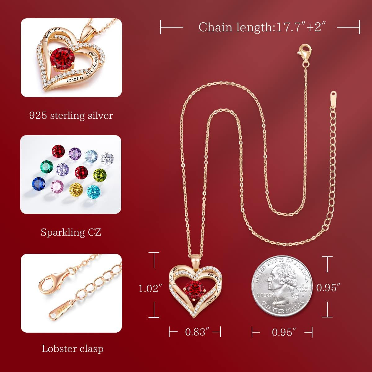 Forever Love Heart Pendant Necklaces for Women 925 Sterling Silver with Birthstone Zirconia, Birthday Christmas Jewelry Gift for Women Girls