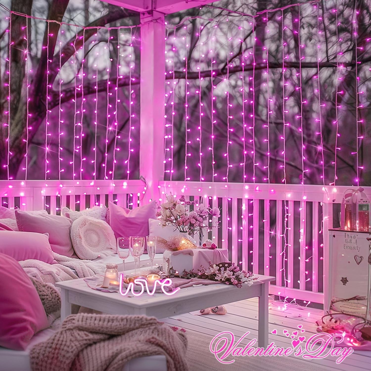 Pink Curtain Lights, Remote Control 300 LED Pink Curtain Lights 8 Modes Pink Valentine String Lights, Window Curtain Lights for Bedroom Wedding Party Backdrop Indoor Outdoor Room Decor(Pink)