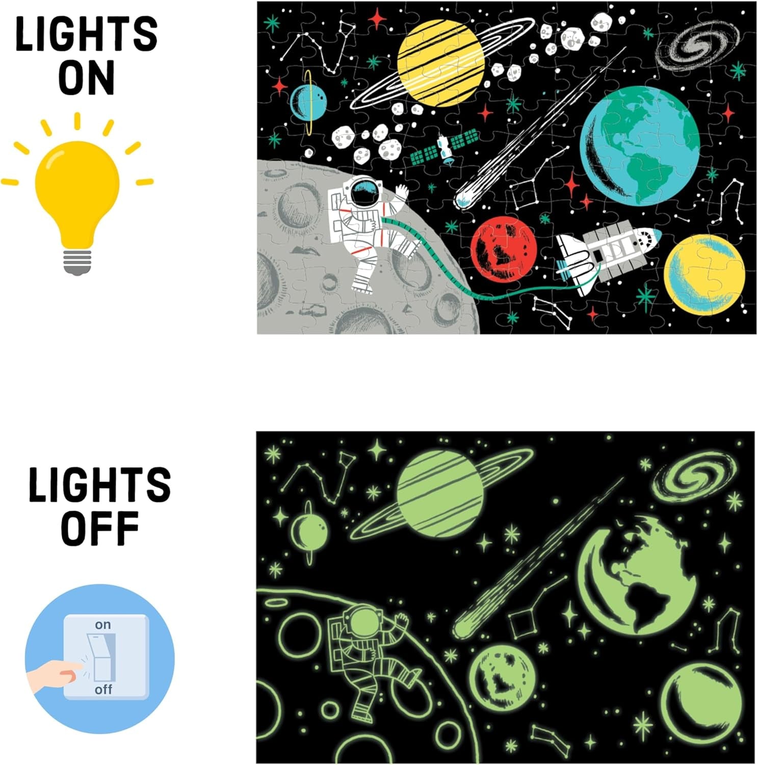 Outer Space Glow-In-The-Dark Puzzle, 100 Pieces, 18”X12”, Made for Kids Age 5+, Illustrations of Planets, Stars, Spaceships and More, Award-Winning Glow in the Dark Puzzle