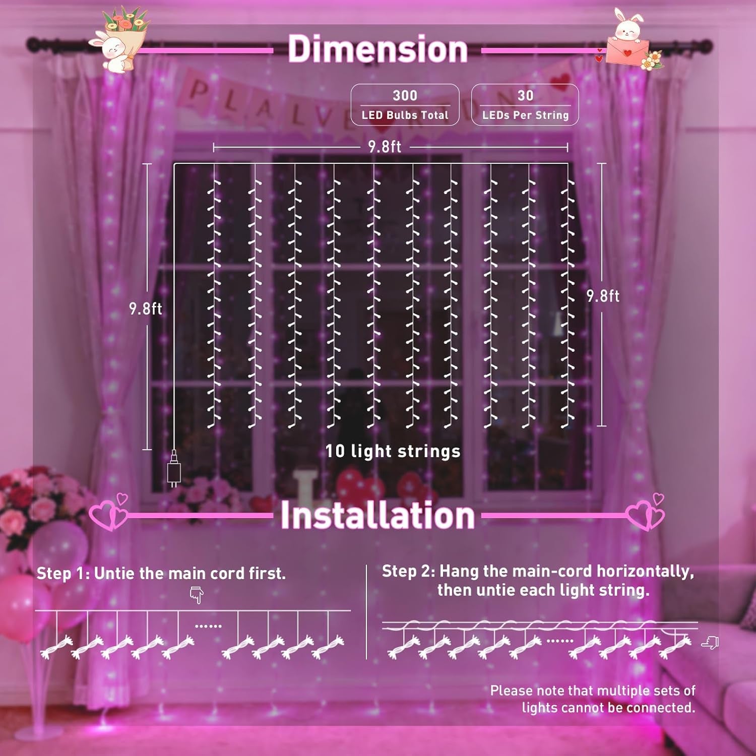Pink Curtain Lights, Remote Control 300 LED Pink Curtain Lights 8 Modes Pink Valentine String Lights, Window Curtain Lights for Bedroom Wedding Party Backdrop Indoor Outdoor Room Decor(Pink)