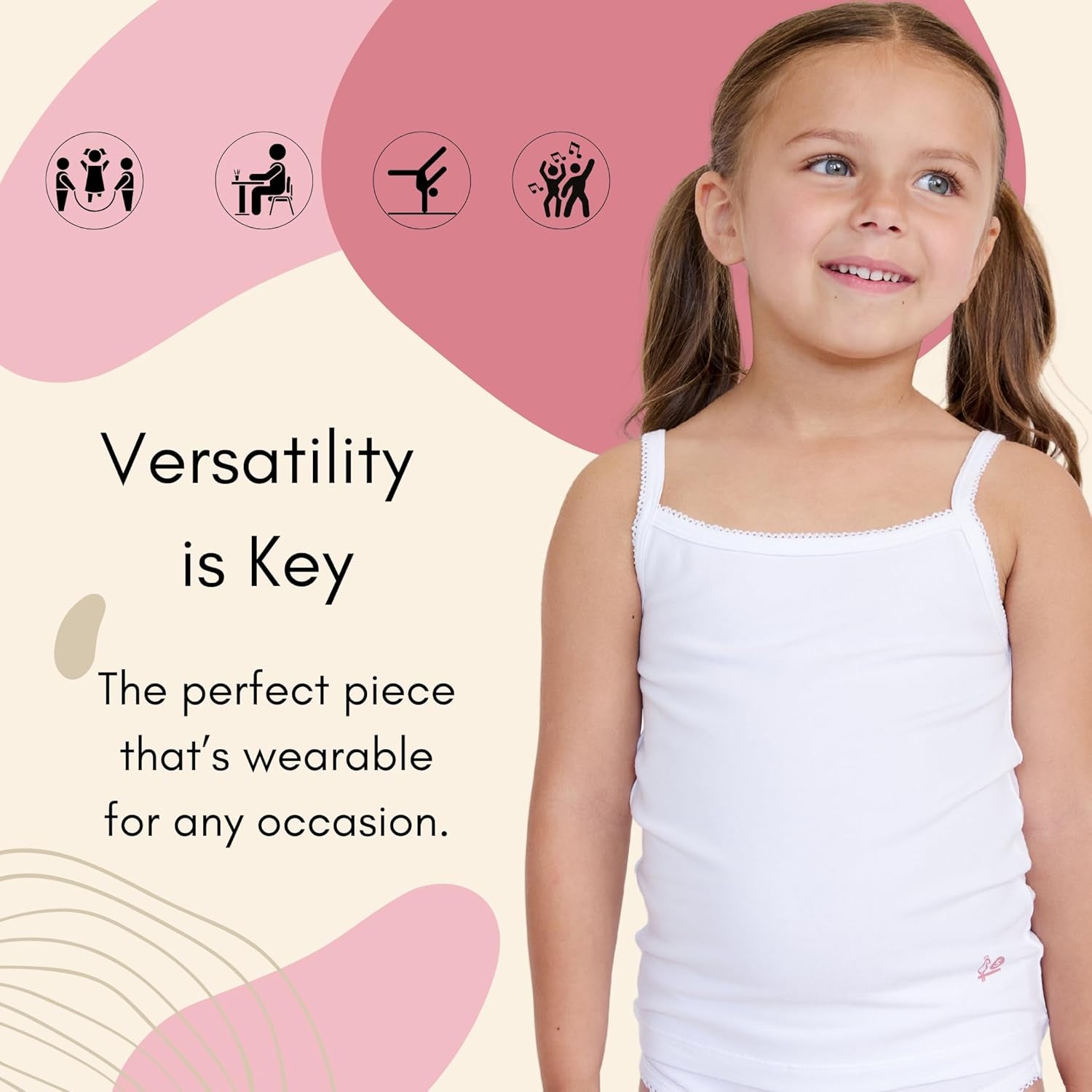 Girls Solid White Snug Fit Tagless Cami Vest - 100% Cotton Super Soft Undershirts (3/Pack)