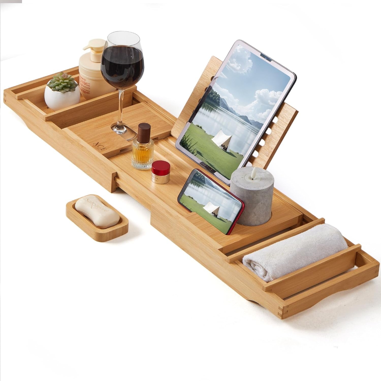 Bathtub Caddy Tray (Natural)- Bamboo Wood Bath Tray and Bath Caddy for a Home Spa Experience