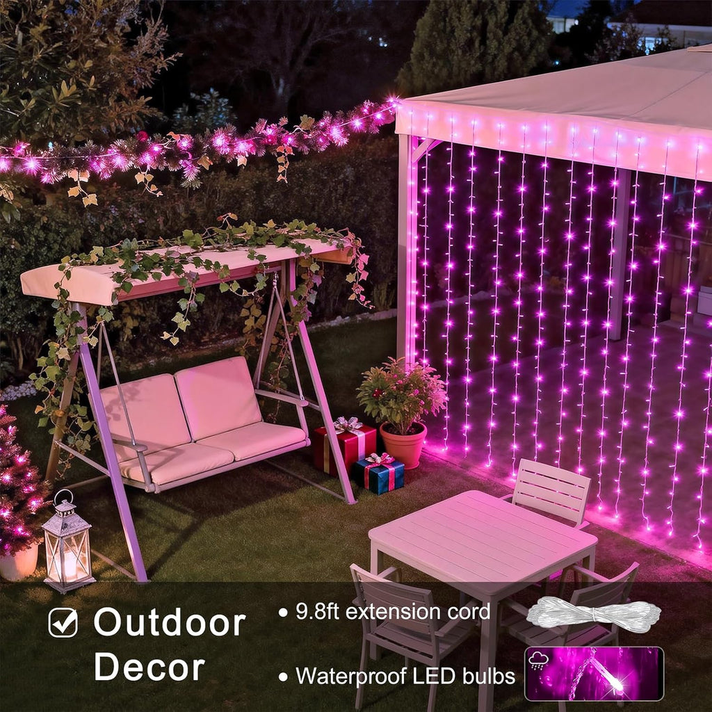 Pink Curtain Lights, Remote Control 300 LED Pink Curtain Lights 8 Modes Pink Valentine String Lights, Window Curtain Lights for Bedroom Wedding Party Backdrop Indoor Outdoor Room Decor(Pink)