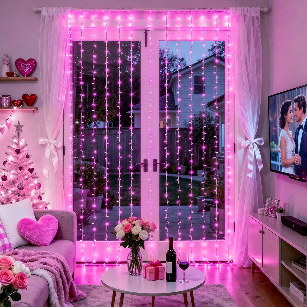 Pink Curtain Lights, Remote Control 300 LED Pink Curtain Lights 8 Modes Pink Valentine String Lights, Window Curtain Lights for Bedroom Wedding Party Backdrop Indoor Outdoor Room Decor(Pink)