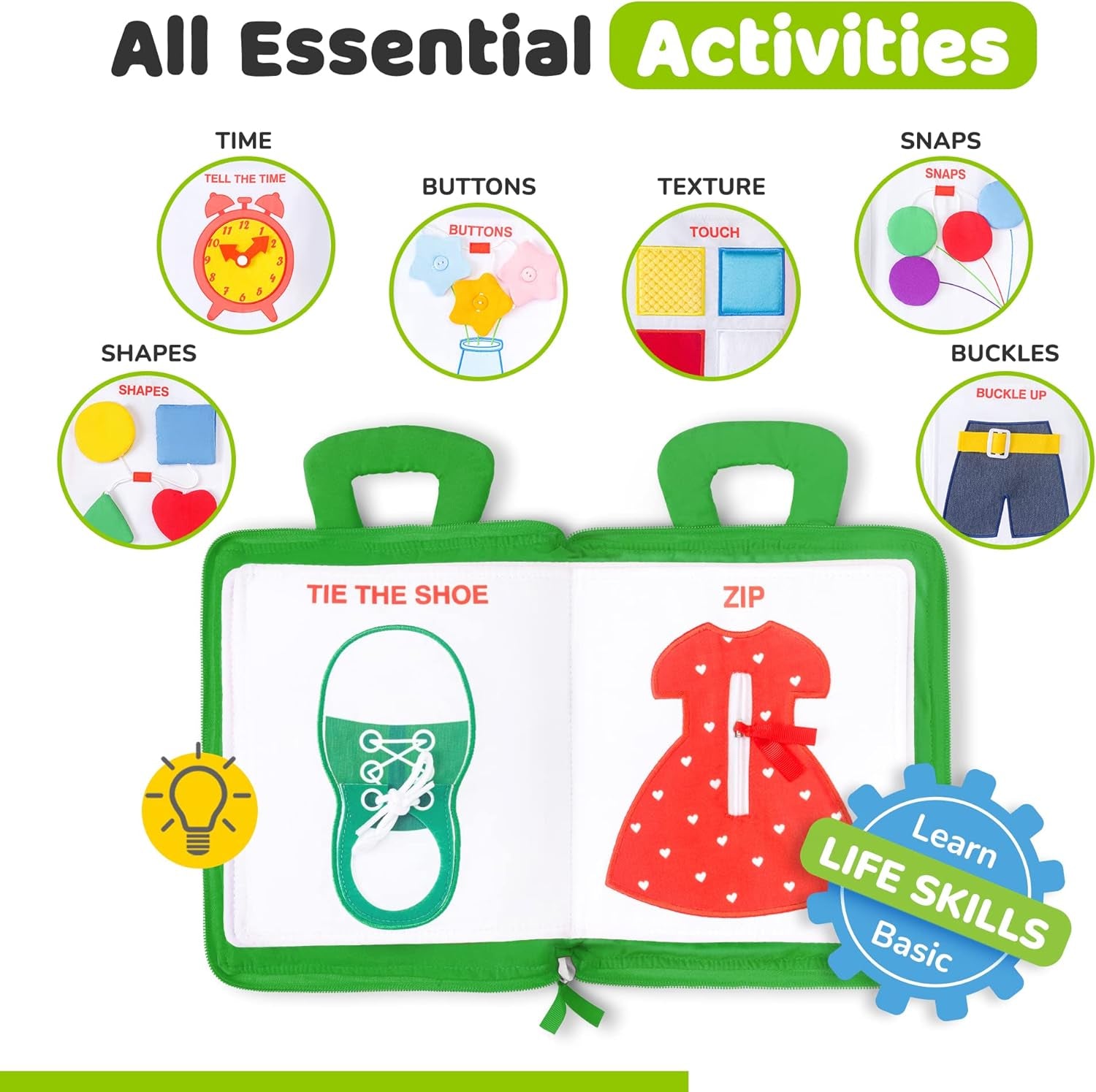 Quiet Book Montessori Toys for Toddlers – Learning Toy – Preschool Educational Toy with Toddler Activities Busy Book, Travel Toy for Boys & Girls + Zipper Bag, Green