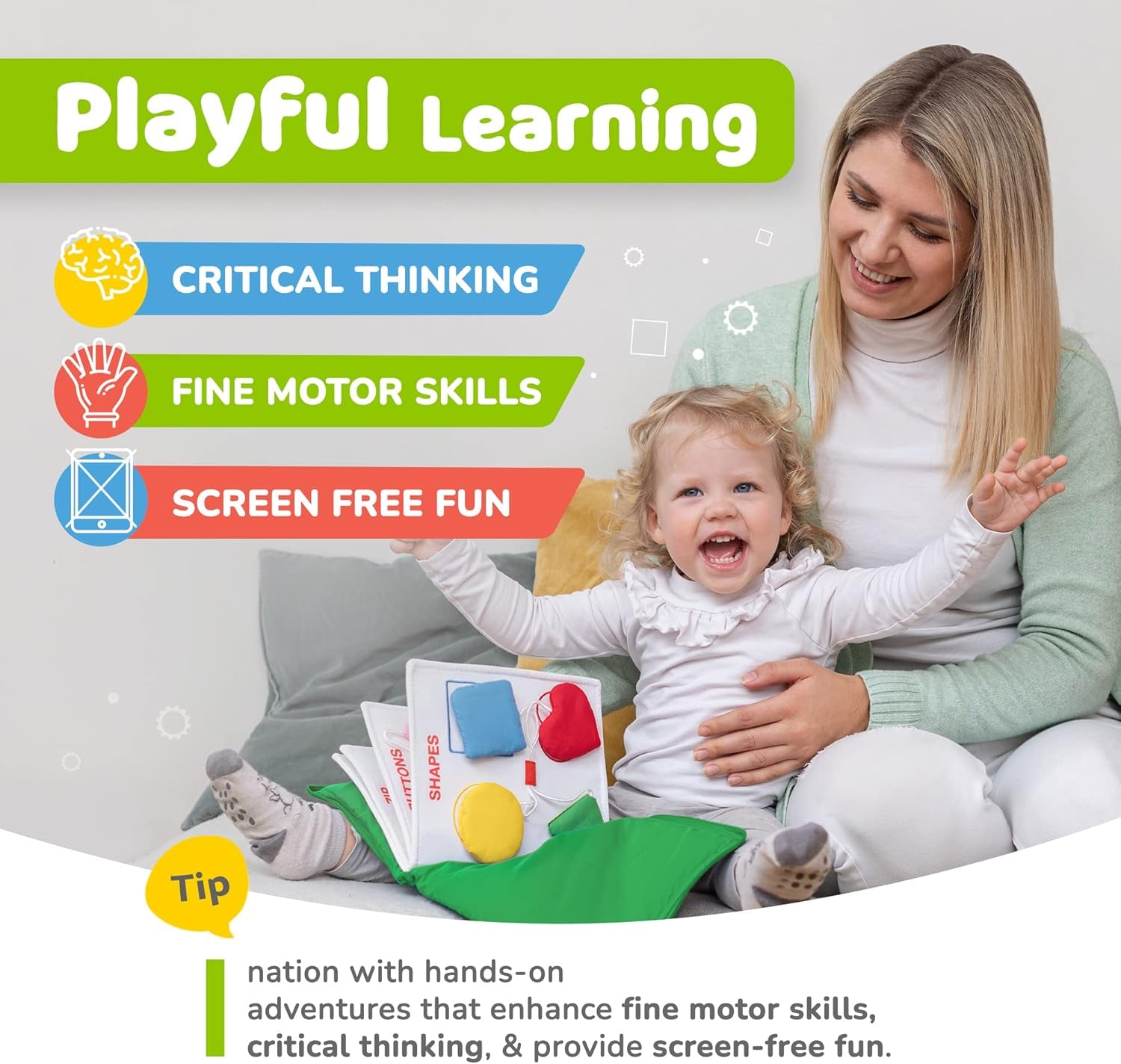 Quiet Book Montessori Toys for Toddlers – Learning Toy – Preschool Educational Toy with Toddler Activities Busy Book, Travel Toy for Boys & Girls + Zipper Bag, Green