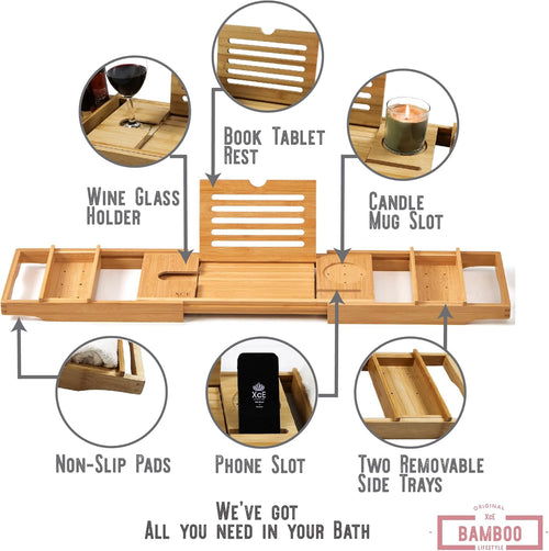 Bathtub Caddy Tray (Natural)- Bamboo Wood Bath Tray and Bath Caddy for a Home Spa Experience