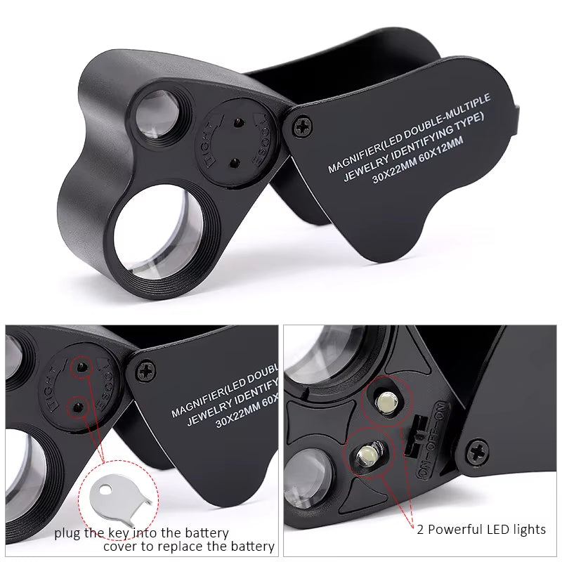 SMI 30X 60X Illuminated Jewelers Eye Loupe Magnifier, Foldable Jewelry Magnifier with Bright LED Light for Gems, Jewelry, Coins