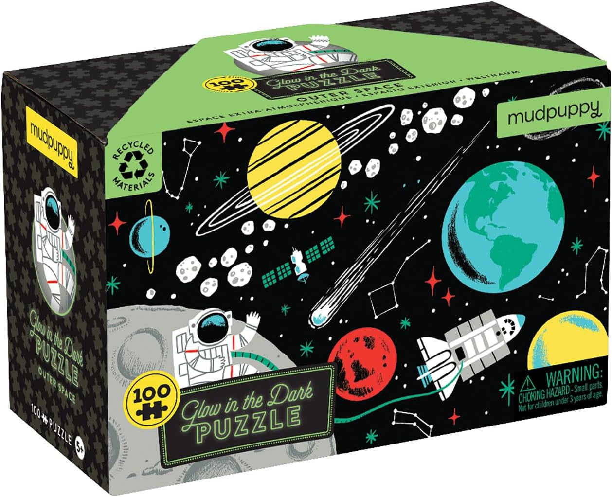 Outer Space Glow-In-The-Dark Puzzle, 100 Pieces, 18”X12”, Made for Kids Age 5+, Illustrations of Planets, Stars, Spaceships and More, Award-Winning Glow in the Dark Puzzle