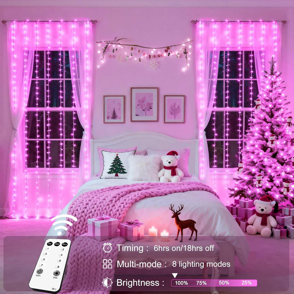 Pink Curtain Lights, Remote Control 300 LED Pink Curtain Lights 8 Modes Pink Valentine String Lights, Window Curtain Lights for Bedroom Wedding Party Backdrop Indoor Outdoor Room Decor(Pink)