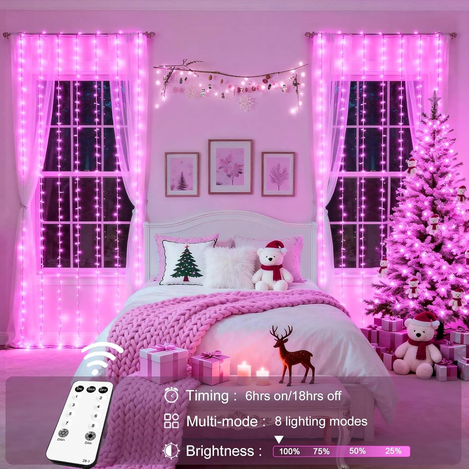 Pink Curtain Lights, Remote Control 300 LED Pink Curtain Lights 8 Modes Pink Valentine String Lights, Window Curtain Lights for Bedroom Wedding Party Backdrop Indoor Outdoor Room Decor(Pink)