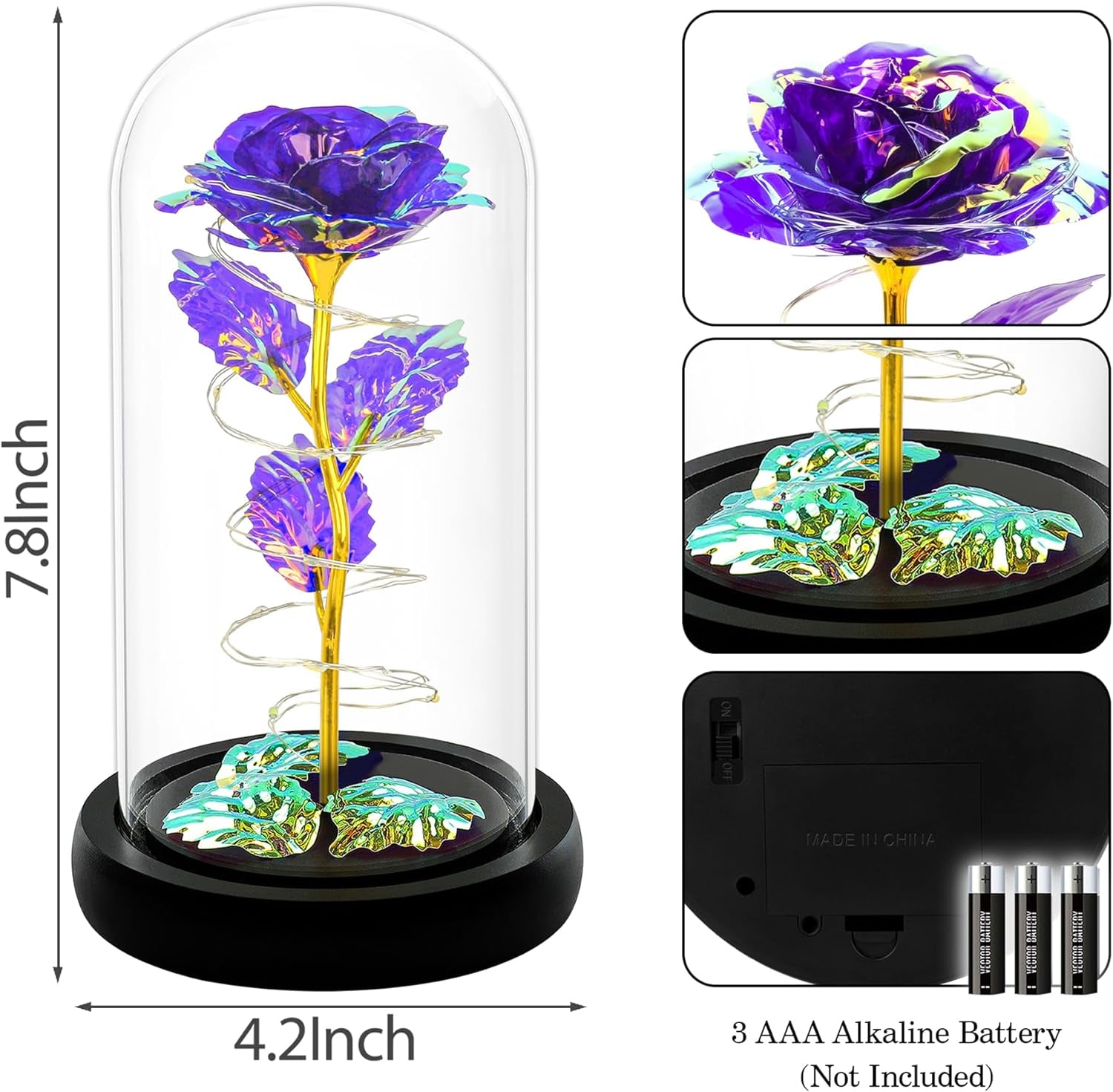 Rose Flower Gifts for Women,Birthday Gifts for Women,Womens Gifts for Christmas,Mom Gift for Xmas, Purple Colorful Artificial Flower Rose Light up Rose in a Glass Dome,Flower Gifts for Her,Anniversary